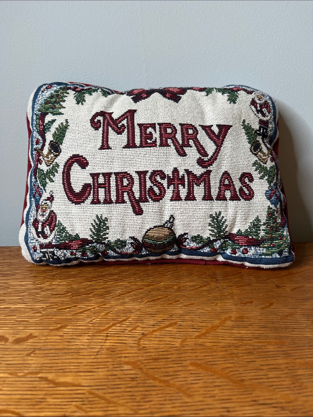 Vintage Merry Christmas Tapestry Mini Throw Pillow with Burgundy/Red Back